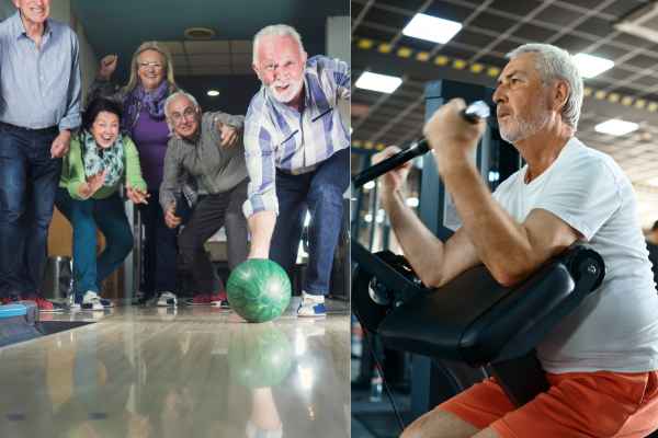 Bowling Vs Gym Workouts - Split Image of Bowlers on One half and A Man Working out on a Gym Machine.